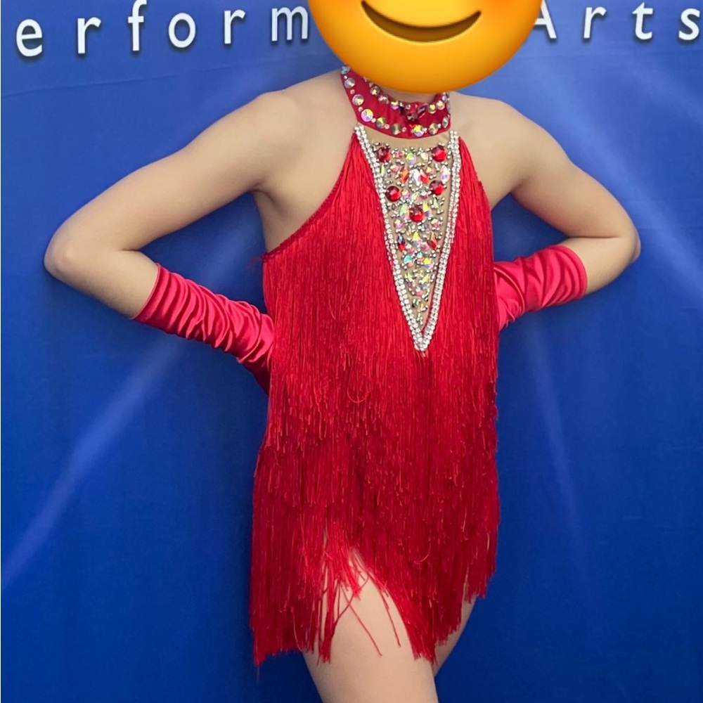 Glamour Red Fringe Dance Costume with Gem Accents